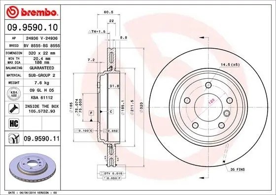 Диск тормозной Brembo Painted Disc 09.9590.11 09.9590.11 BREMBO