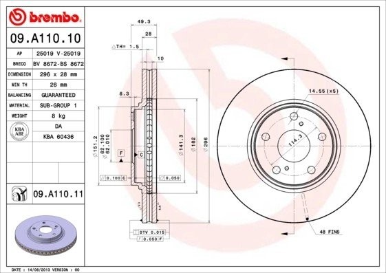 09.A110.11 диск тормозной передний!\ Toyota Camry 2.4/3.0 V6 01> 09.A110.11 BREMBO