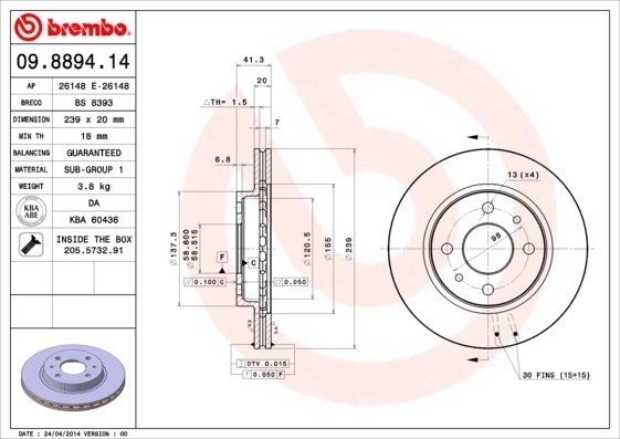 Диск тормозной 09.8894.14 09.8894.14 BREMBO