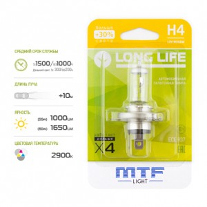 Лампа 12V H4 60/55W P43t +30% блистер (1шт.) Long Life MTF HLL1204B MTF
