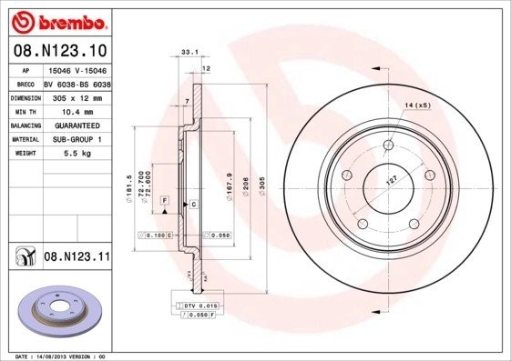 BREMBO 08.N123.11 Диск торм. зад.(305x12) 5 отв. 11162006 08.N123.11 BREMBO