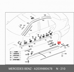MERCEDES BENZ W203 (2000-2006) клипса накладки порога A 203 988 06 78 MERCEDES BENZ