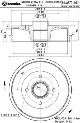 14.A672.10 барабан тормозной!\ Nissan Micra/Note 03> 14.A672.10 BREMBO