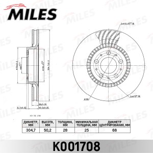 Диск тормозной передний D305мм. VOLVO S60 00-/S80 98-06/V70 00-/XC70 00- (TRW DF K001708 MILES