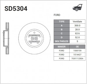 Диск тормозной FORD Mondeo (07-) передний (1шт.) SANGSIN SD5304 SANGSIN