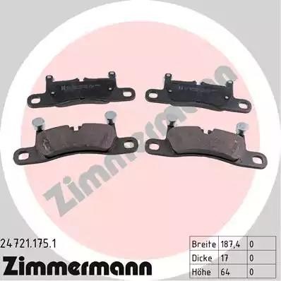 колодки дисковые !задн. 187x76x17 \ Porshce Targa VI, VW Touareg II 3.0-4.8 10> 24721.175.1 ZIMMERMANN