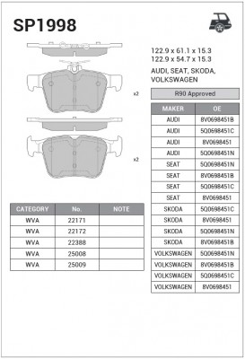 Колодки тормозные VW Golf 7 AUDI A3 (12-),TT (14-) задние (4шт.) SANGSIN SP1998 SANGSIN