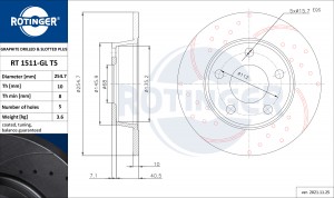 Диск тормозной графитовый с перфорацией и насечками RT1511GLT5 RT 1511-GL T5 ROTINGER