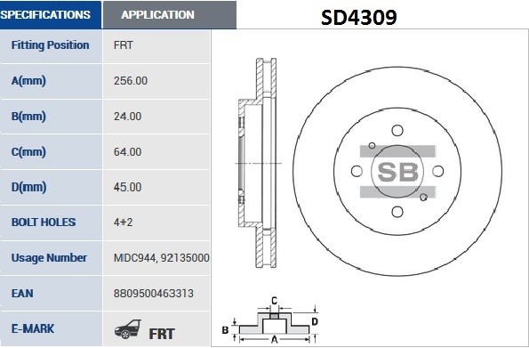 Диск тормозной MITSUBISHI Lancer (03-) передний (1шт.) SANGSIN SD4309 SANGSIN