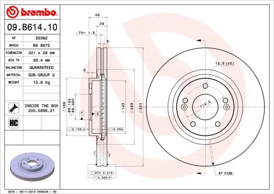 Диск тормозной VOLVO S60 (19-),S90 (17-) передний (1шт.) BREMBO 09.D250.11 BREMBO