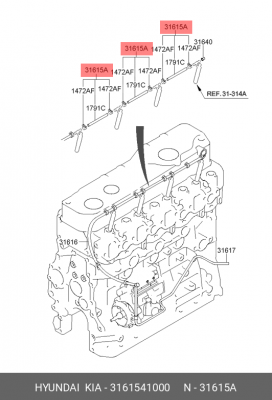 Шланг топливный HYUNDAI HD65,72,78,County дв.D4DB,D4DD сливной от форсунок OE 3161541000 HYUNDAI KIA