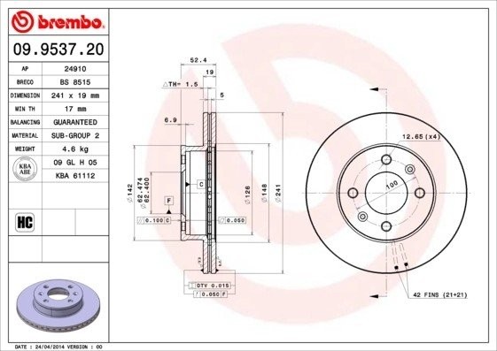 Диск тормозной 09.9537.20 09.9537.20 BREMBO