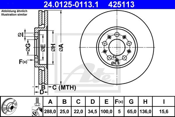 AUDI A3/GOLF IV/SKODA OCTAVIA 288x25x5 24.0125-0113.1 ATE
