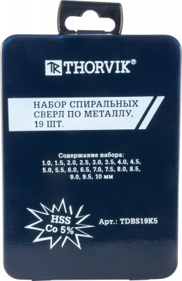набор спиральных сверл по металлу! HSS Co в металлическом кейсе d1.0-10.0мм, 19п TDBS19K5 THORVIK
