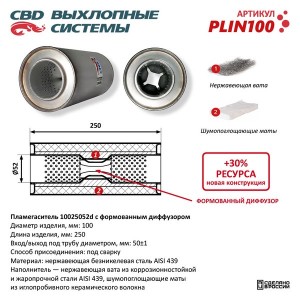 Пламегаситель L=250мм (внешн.d=100мм,внутр.d=52мм) с перфорированным диффузором  PLIN100 CBD