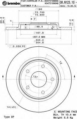 BREMBO 08.N123.11 Диск торм. зад.(305x12) 5 отв. 11162006 08.N123.11 BREMBO