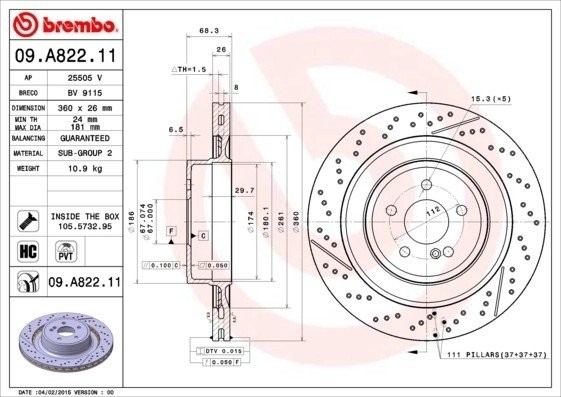 09.A822.11 Диск тормозной задний вентилируемый MERCEDES (C218, X218, W212) 09.A822.11 BREMBO