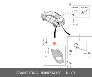 Фонарь задний SSANGYONG Actyon (10-) правый с противотуманной фарой OE 8360234100 SSANG YONG