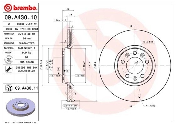 Диск тормозной Brembo Painted Disc 09.A430.11 09.A430.11 BREMBO
