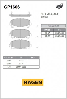 колодки дисковые передние! \ Honda Acord IX 2.0-2.4i 07.08> GP1606 HAGEN