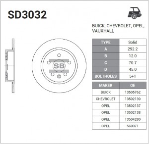 Диск тормозной CHEVROLET CRUZE/ORLANDO/OPEL ASTRA J R16 09- задний D 292мм. SD30 SD3032 SANGSIN