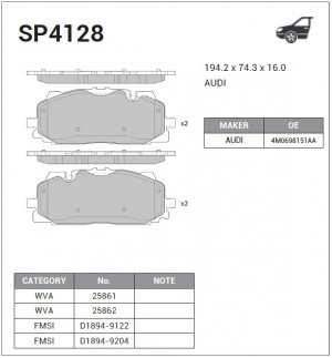 Колодки передние AUDI Q5/Q7 15-  SP4128 SP4128 SANGSIN