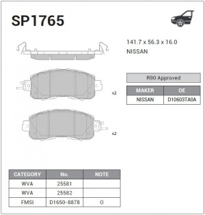 Колодки тормозные NISSAN Teana (14-) передние (4шт.) SANGSIN SP1765 SANGSIN