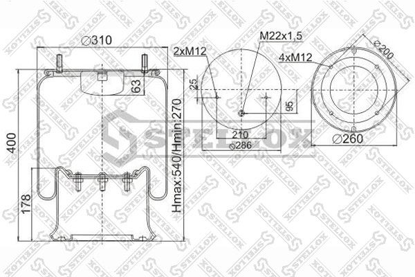 пневмоподушка со стак.!2шп.M12 смещ.25 1отв-шт.M22 Порш сталь 4отв.M12\Schmitz,W 90-40281-SX STELLOX