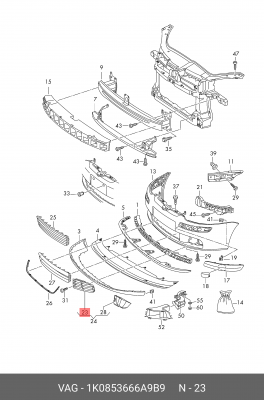 Решетка бампера VW Golf (06-) переднего правая OE 1K0 853 666 A 9B9 VAG