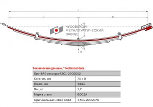 Лист рессоры ГАЗ-4301 передней №2 L=1443мм ЧМЗ 43012902076 OMK AUTO