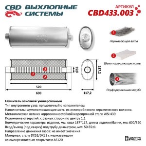 Глушитель универсальный овальный d=187х117мм L=598/520 прямоточный под трубу 50- CBD433.003 CBD