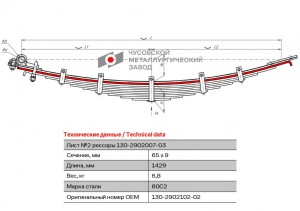 Лист рессоры ЗИЛ-130 передней №2 L=1420мм ЧМЗ 130290210202 OMK AUTO