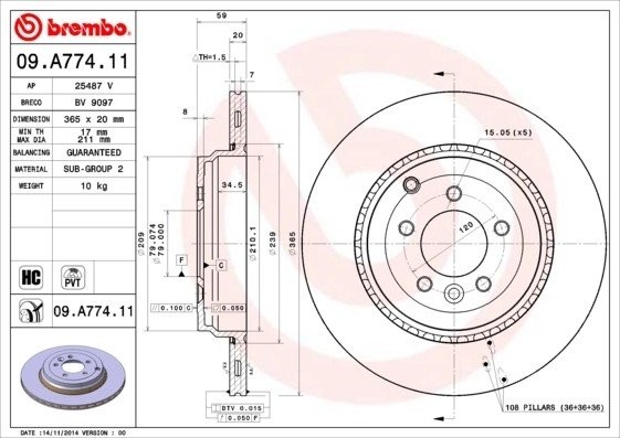 Диск тормозной LAND ROVER Range Rover Sport задний (1шт.) BREMBO 09.A774.11 BREMBO