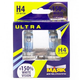 Лампа галогенная H4 12V 60/55W "Маяк" White Vision УЛЬТРА NEW (+150%) (2 шт.) 82420 WV+150 MAYAK