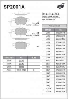 Колодки тормозные А100 9194/А6 9597 передние SP2001A SP2001A SANGSIN
