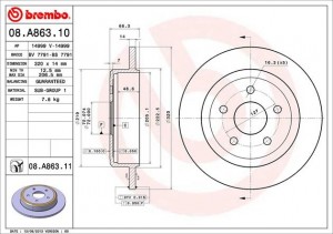 08.A863.11 диск тормозной задний!\ Jeep Grand Cherokee 3.7/4.7/3.0D 05-10 08.A863.11 BREMBO