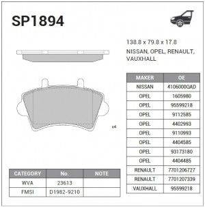 Колодки передние OPEL MOVANO A SP1894 SP1894 SANGSIN