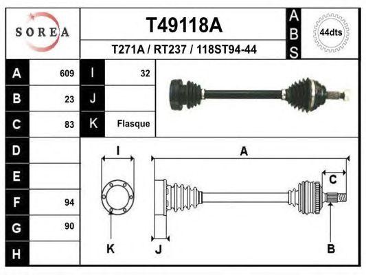 T49118A_!привод прав.\ Renault Laguna AD4 autom. ABS 609mm 94 T49118A EAI