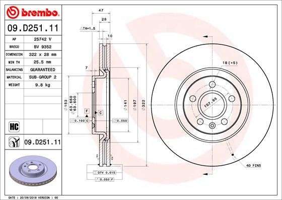 Диск тормозной VOLVO S60 (19-) S90 (17-) передний (1шт.) BREMBO 09.D251.11 BREMBO