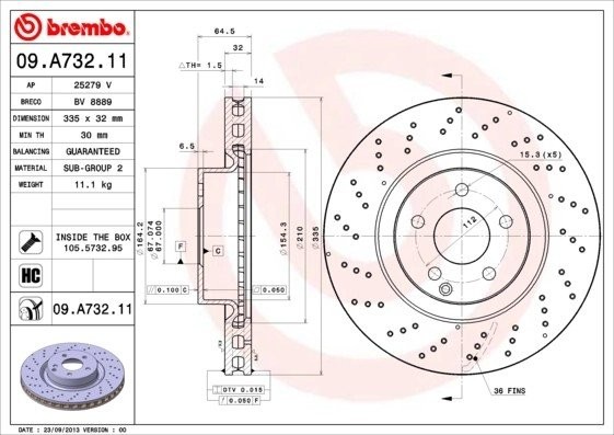 ДИСК ТОРМОЗНОЙ MERCEDES-BENZ S-CLASS (W221) S 400 Hybrid (221.095, 221.195) 2009 09.A732.11 BREMBO