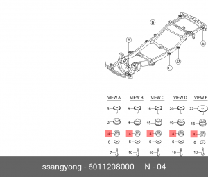 Втулка SSANGYONG Kyron (05-),Actyon (06-),Rexton (02-) рамы кузова резиновая ниж 6011208000 SSANG YONG