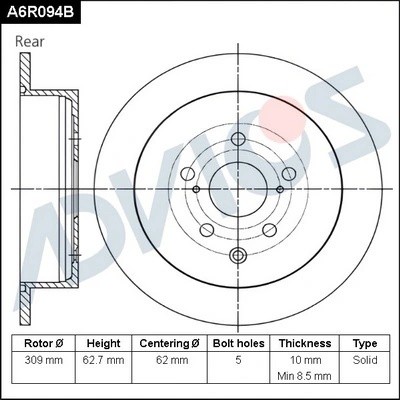 Диск тормозной зад. ADVICS A6R094B ADVICS