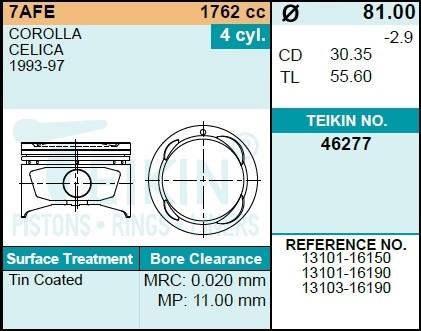 к-кт поршней! 0.50 (4 шт.)\ Toyota Avensis/Corolla/Carina 1.8i 7A-FE 92> 46277050 TEIKIN