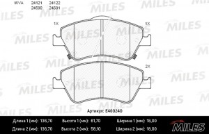Колодки тормозные передние (без датчика) (Смесь Low-Metallic)TOYOTA AURIS 1.33-2 E400240 MILES