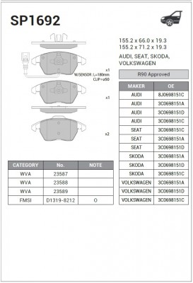 Колодки тормозные дисковые Audi A3, VW Golf V 1.4-2.0TD 03 SP1692 SP1692 SANGSIN