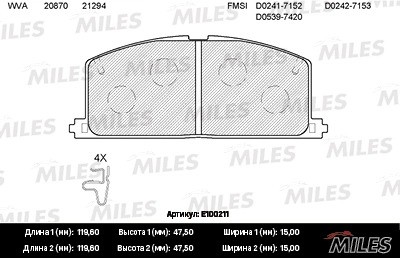 Колодки тормозные передние (без датчика) (Смесь Semi-Metallic) (TOYOTA CAMRY/CAR E100211 MILES