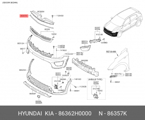 Уплотнитель KIA Spectra (00-) бампера переднего OE 86362H0000 HYUNDAI KIA