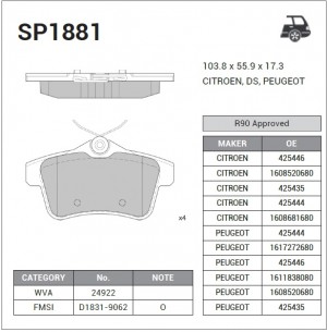 Колодки тормозные CITROEN C4 09-/PEUGEOT 3008/5008 09- задние SP1881 SP1881 SANGSIN