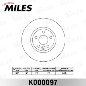 Диск тормозной передний FORD S-MAX 06-/MONDEO IV -05.07/ VOLVO S60/S80/XC70 06-  K000097 MILES