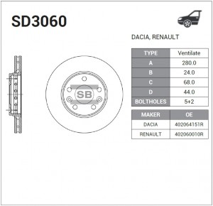 Диск тормозной RENAULT Megane (08-),Laguna (07-),Duster (10-) передний (1шт.) SA SD3060 SANGSIN